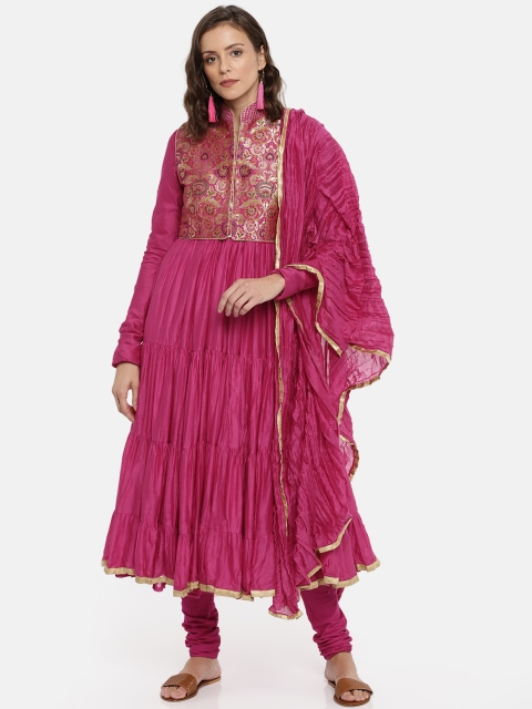 

Biba Women Pink Solid Kurta with Churidar & Dupatta