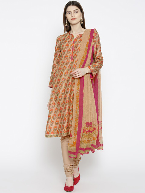 

Biba Women Beige & Red Printed Kurta with Churidar & Dupatta