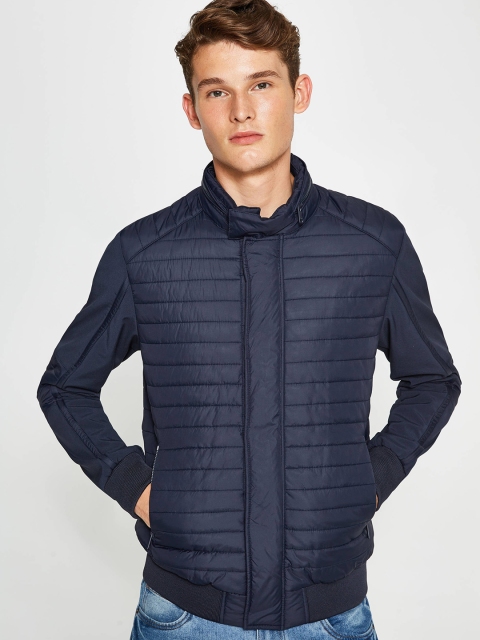 

OVS Men Navy Solid Hooded Quilted Jacket, Navy blue
