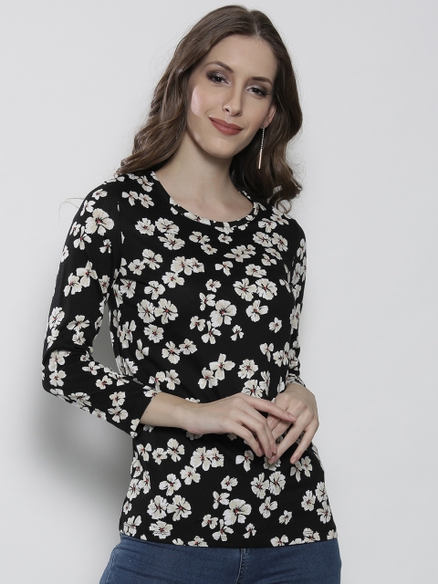 

DOROTHY PERKINS Women Black & Off-White Floral Print Fitted Top