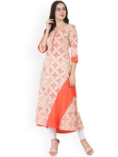 

Nayo Women Peach-Coloured Printed A-Line Kurta