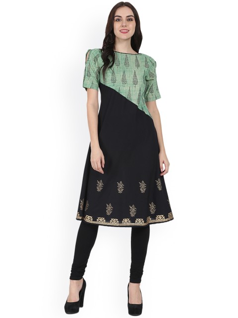 

Nayo Women Black & Green Block Print A-Line Kurta