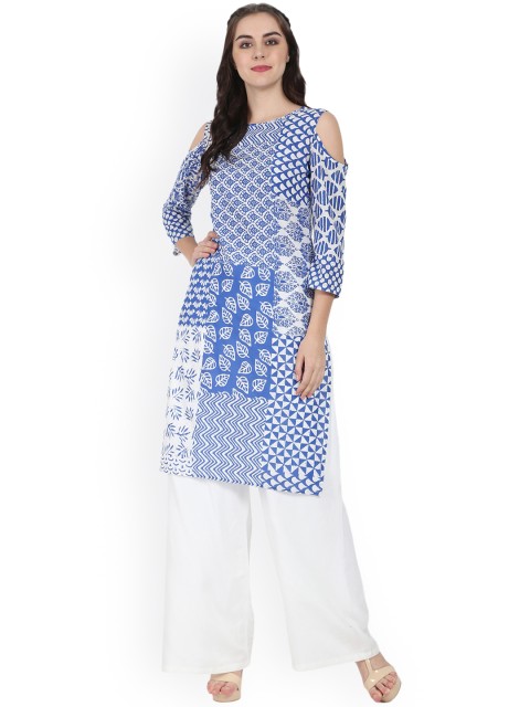 

Nayo Women Blue & White Printed Straight Kurta