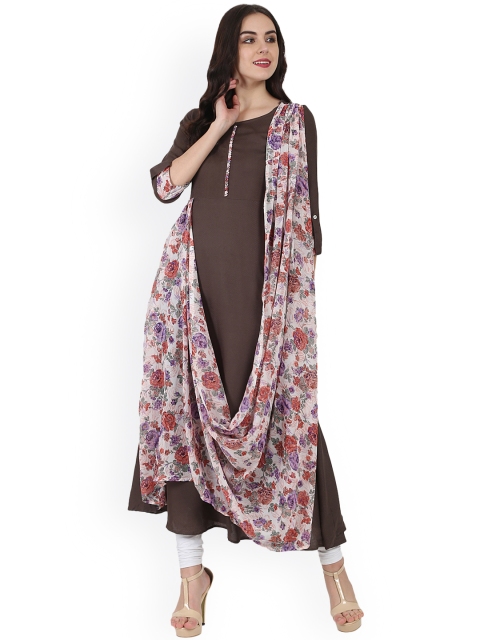 

Nayo Women Coffee Brown Printed Anarkali Kurta with Attached Dupatta