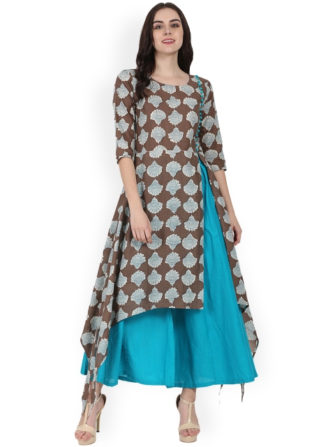

Nayo Women Coffee Brown & Blue Printed Kurta with Skirt