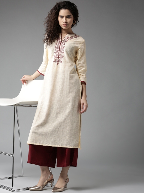 

Moda Rapido Women Cream-Coloured Solid Straight Kurta