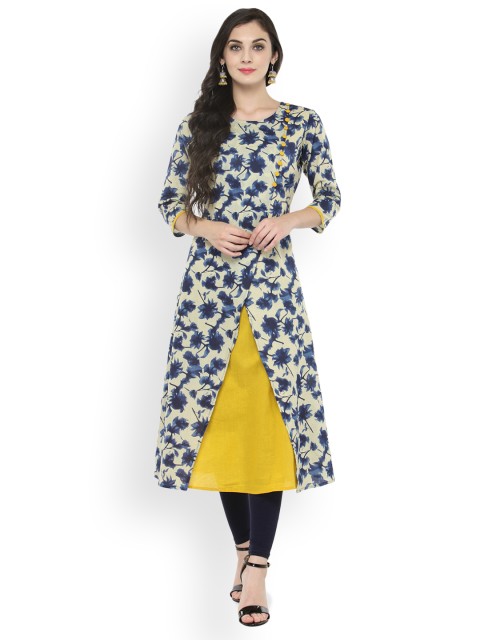 

Azira Women Cream-Coloured & Blue Printed A-Line Kurta
