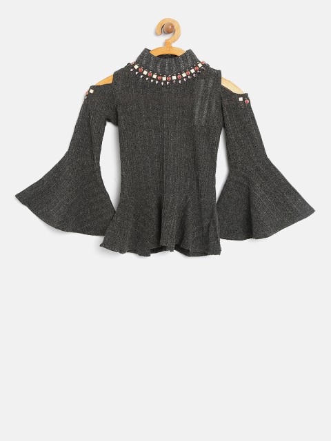 

Tiny Girl Charcoal Grey Self-Design Peplum Top