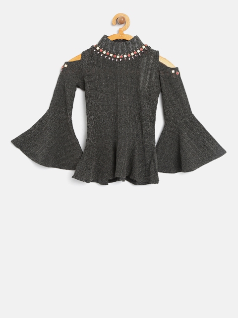 

Tiny Girl Charcoal Grey Self-Design Peplum Top