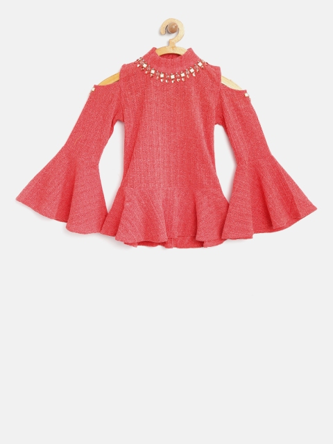 

Tiny Girl Coral Red Self-Design Peplum Top