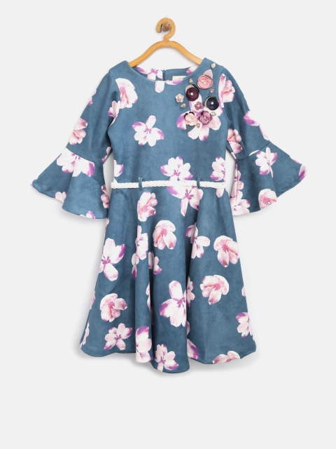 

Tiny Girl Navy & Pink Floral Print Fit and Flare Dress, Navy blue