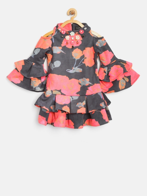 

Tiny Girl Charcoal Grey & Pink Floral Print Drop-Waist Dress