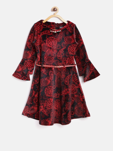 

Tiny Girl Red & Black Printed Velvet Finish Fit & Flare Dress