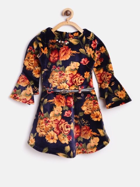 

Tiny Girl Navy & Mustard Yellow Printed Velvet Finish Fit & Flare Dress, Navy blue