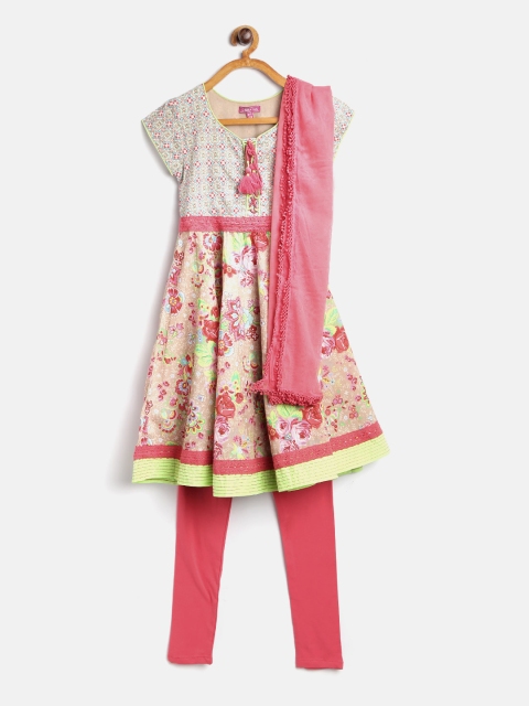 

Biba Girls Beige & Coral Pink Printed Kurta with Churidar & Dupatta