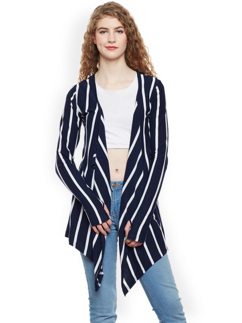 

Hypernation Women Blue & White Striped Open Front Shrug