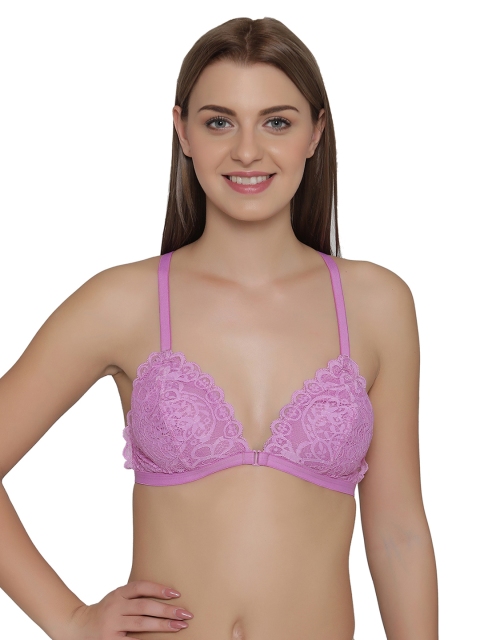 

Clovia Lace Non-Padded Non-Wired Front Open Plunge Bralette, Purple