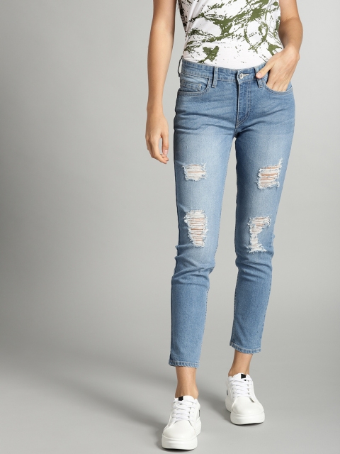 

Roadster Women Blue Skinny Fit Mid-Rise Highly Distressed Stretchable Cropped Jeans