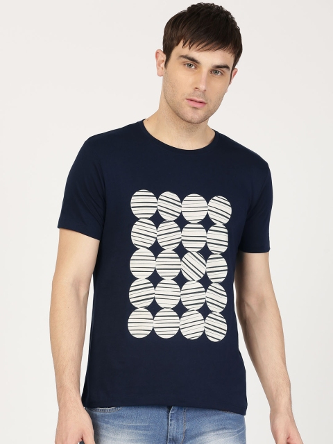 

ether Men Navy Blue Printed Round Neck Pure Cotton T-shirt