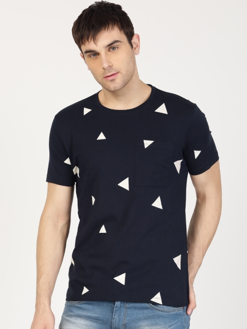 

ether Men Navy Printed Round Neck T-shirt, Navy blue