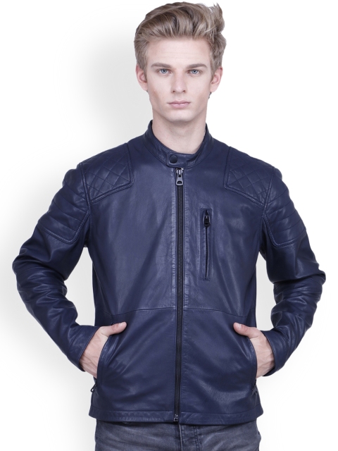 

Justanned Men Blue Solid Leather Jacket