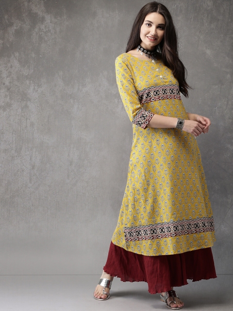 

Anouk Women Mustard Yellow Printed Anarkali Kurta