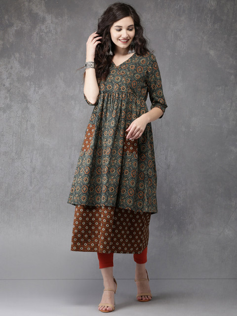 

Anouk Women Green & Orange Printed A-Line Layered Kurta