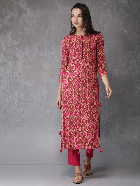 

Anouk Women Beige & Pink Printed Straight Kurta