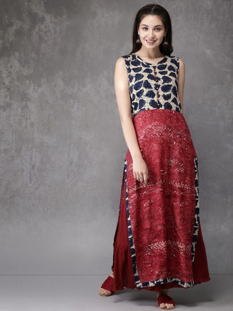 

Anouk Women Red & Navy Blue Printed Straight Kurta