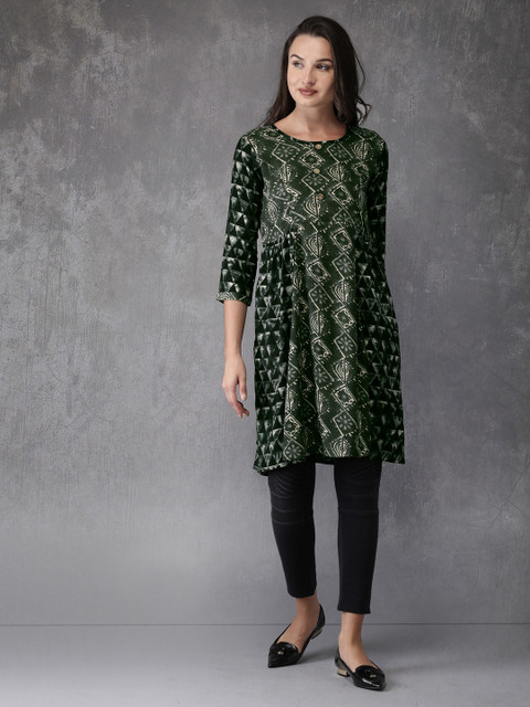 

Anouk Women Green & Beige Printed A-Line Kurta