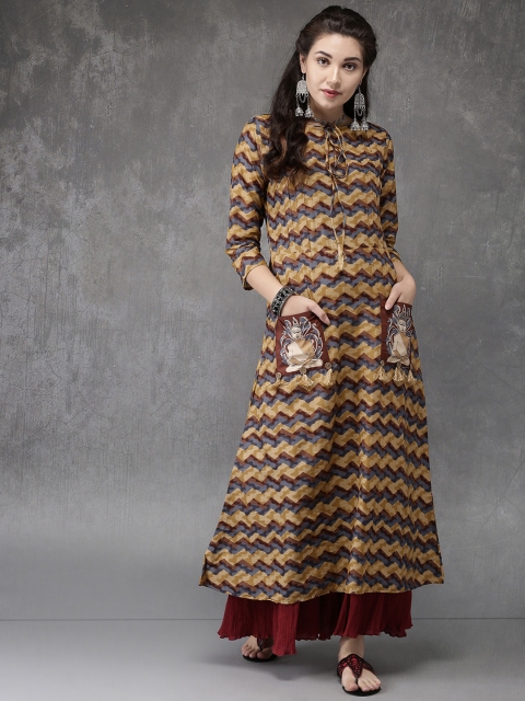 

Anouk Women Beige & Blue Printed A-Line Kurta