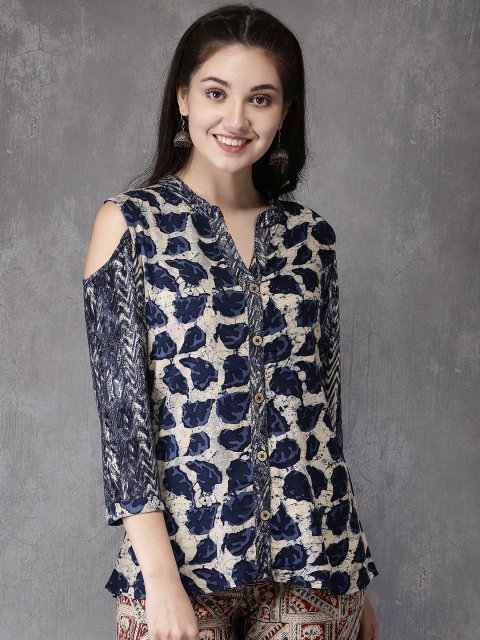 

Anouk Women Navy Blue & Beige Printed Pure Cotton Kurti