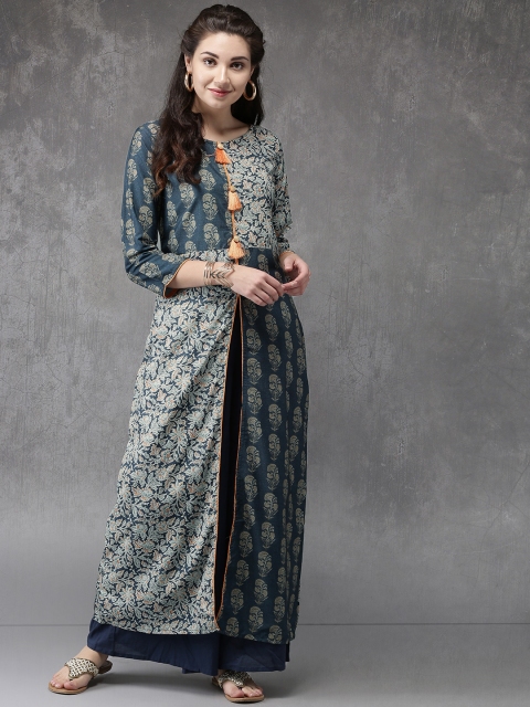 

Anouk Women Blue & Cream-Coloured Printed A-Line Kurta