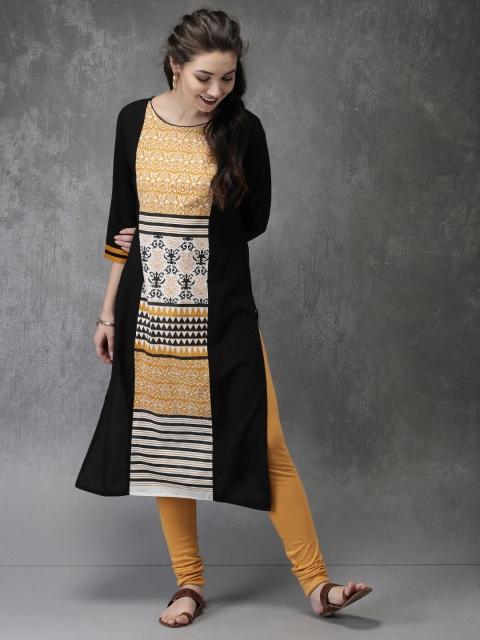 

Anouk Women Black & Mustard Yellow Printed Straight Kurta
