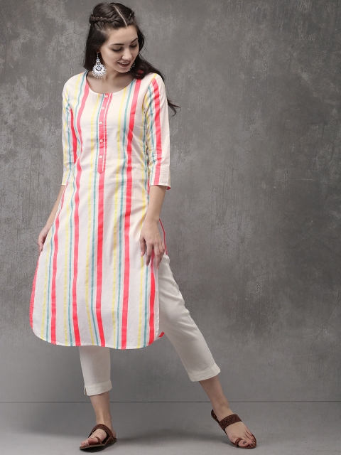 

Anouk Women White & Coral Pink Striped Straight Kurta