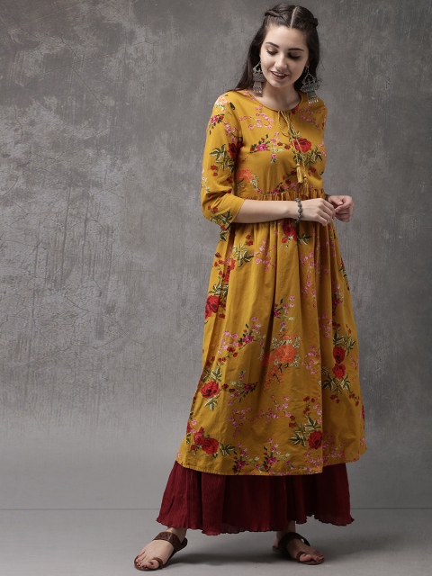 

Anouk Women Mustard Yellow Floral Print A-Line Kurta