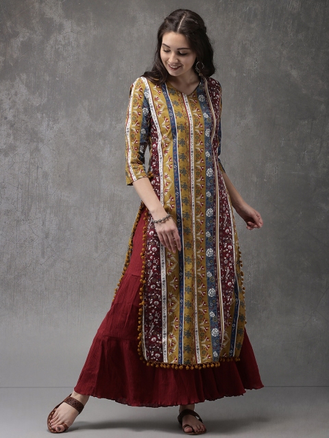 

Anouk Women Mustard & Maroon Printed Straight Kurta