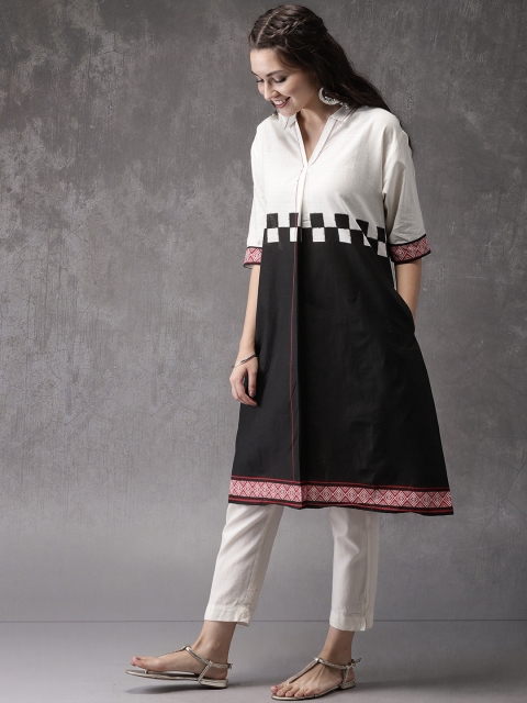 

Anouk Women Off-White & Black Colourblocked A-Line Kurta