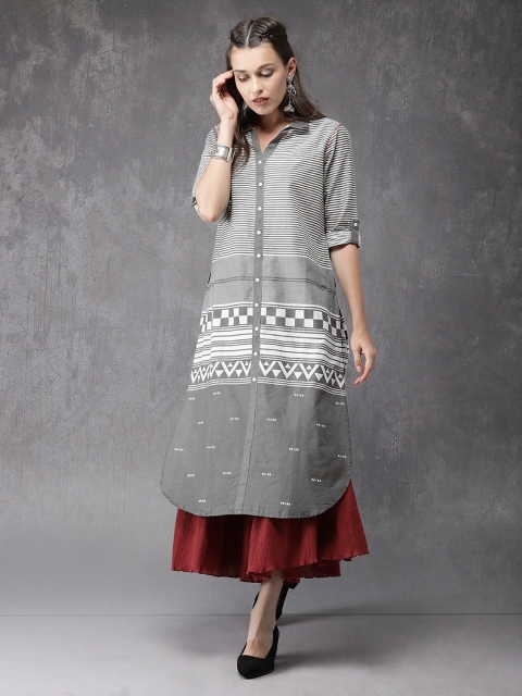 

Anouk Women Grey & White Printed A-Line Kurta