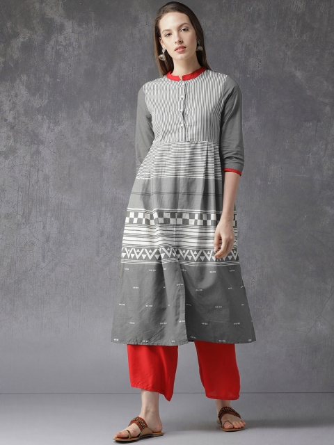 

Anouk Women Grey & Off-White Striped A-Line Pleated Kurta
