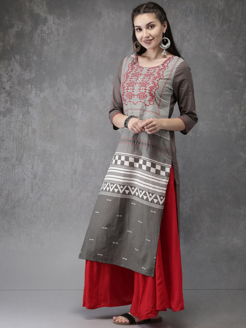 

Anouk Women Grey & White Printed Straight Kurta with Embroidered Detail
