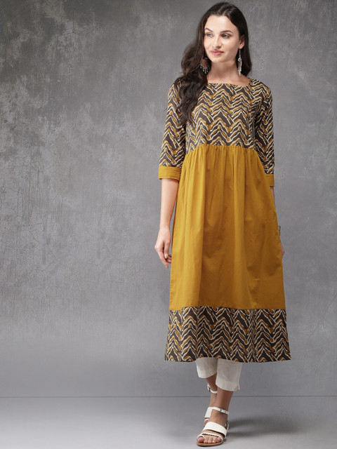 

Anouk Women Mustard Yellow Yoke Design A-Line Kurta