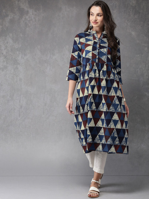 

Anouk Women Off-White & Blue Printed A-Line Kurta
