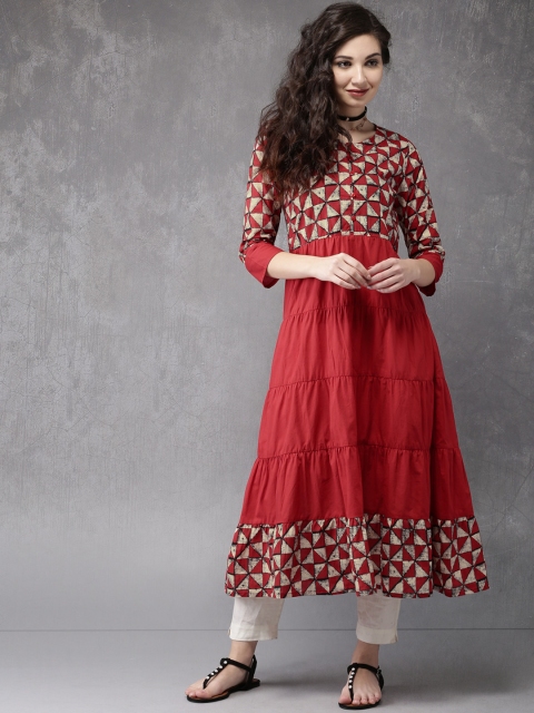 

Anouk Women Red & Off-White Yoke Design A-Line Kurta