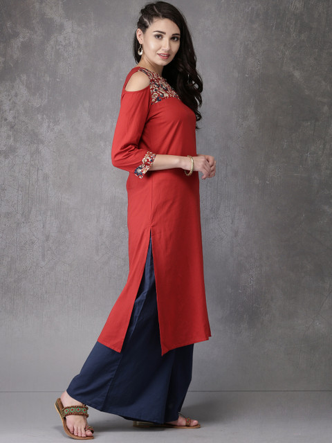 

Anouk Women Rust Red Yoke Design Cold-Shoulder A-Line Kurta