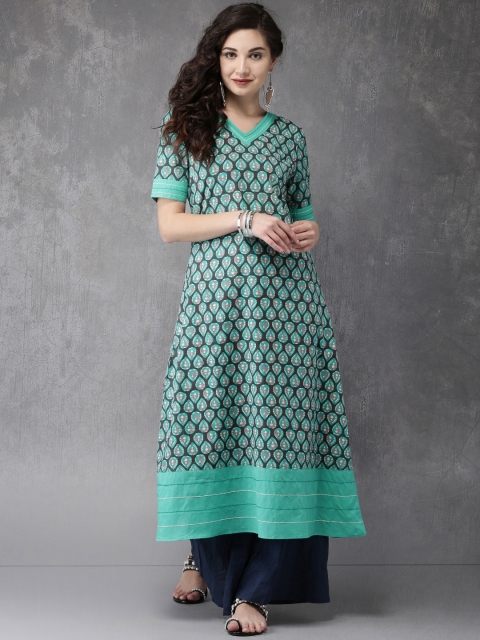 

Anouk Women Green & Grey Printed A-Line Kurta