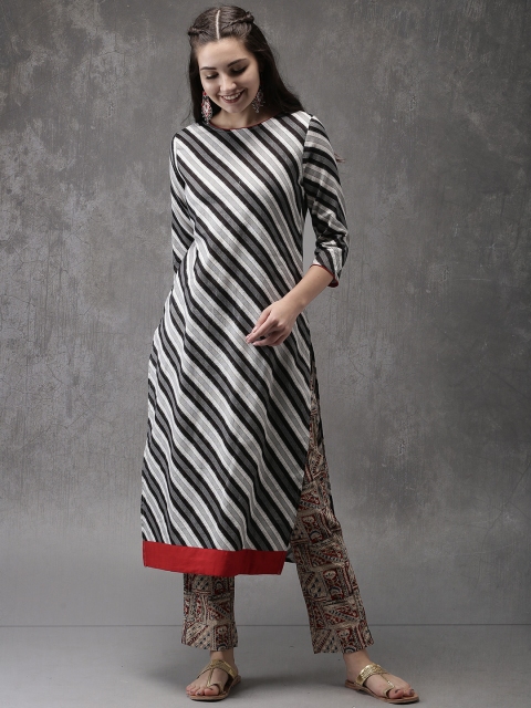 

Anouk Women White & Black Striped Straight Kurta