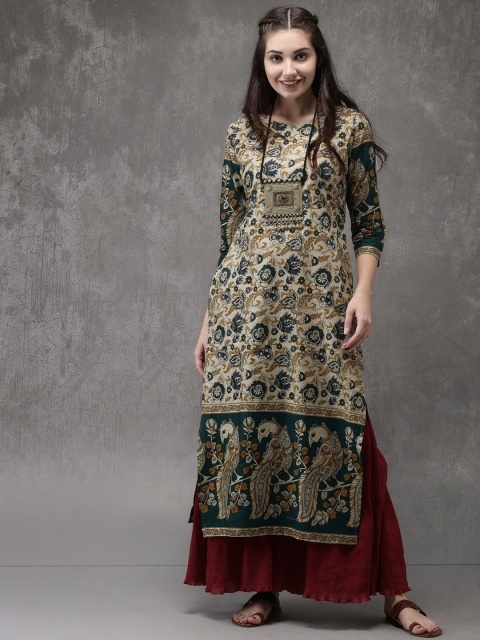 

Anouk Women Beige & Blue Printed A-Line Kurta