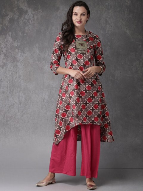 

Anouk Women Taupe & Red Printed Asymmetric Anarkali Kurta