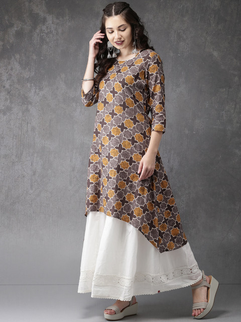 

Anouk Women Mustard Yellow & Taupe Printed A-Line Kurta